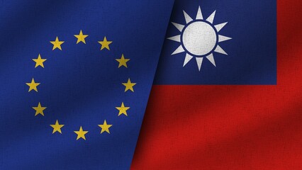 Taiwan and European Union Realistic Two Flags Together, 3D Illustration