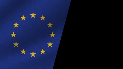 Black Background and European Union Realistic Two Flags Together, 3D Illustration
