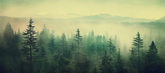 Obraz premium Misty landscape with fir forest in hipster vintage retro style