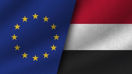 Yemen and European Union Realistic Two Flags Together, 3D Illustration