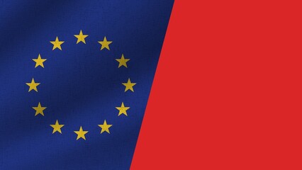Red and European Union Realistic Two Flags Together, 3D Illustration