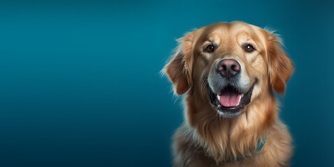 Beautiful happy golden retriever dog smiling on blue background. Dog Face Close Up. Ai generetive