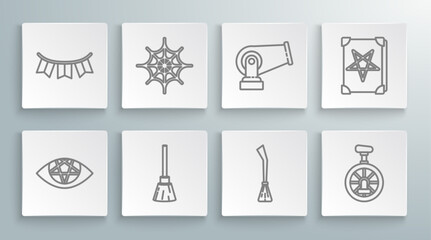 Set line Pentagram, Spider web, Witches broom, Unicycle or one wheel bicycle, Cannon, Ancient magic book and Carnival garland with flags icon. Vector © Oksana