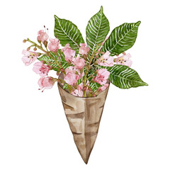 Bouquet of flowers and chestnut leaves in a kraft paper bag. watercolor illustrationWatercolor illustration. High quality
