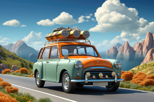 Small retro car with luggage on the roof, fully packed and ready for summer vacation. Concept of traveling with family and friends, dream destination, vibrant colors. Generative Ai.