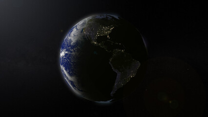 Fototapeta na wymiar Planet Earth focused on South and North America by night. Illuminated cities on dark side of the Earth. Elements of this image furnished by NASA