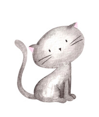 Hand drawn watercolor black cute sitting cat.Isoalted on white background, halloween party clipart, cartoon animal