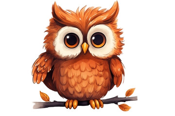 Illustration of cute brown owl character isolated on transparent png background. Generative AI.
