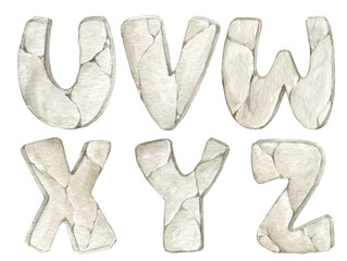 Letters of the alphabet, U, V, W, X, Y, Z. A set of letters, stone texture, hand-drawn, watercolor.