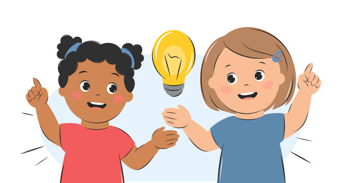 Kids with an idea, with lightbulb. Cartoon characters girls for children design. Knowledge, creative thinking and education concept. Vector illustration
