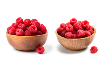 Raspberries in a wooden bowl isolated on white