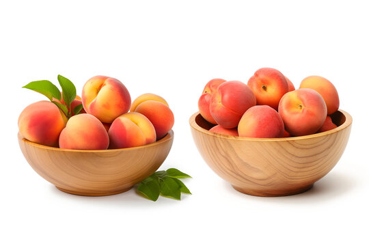 Peaches in a wooden bowl isolated on white