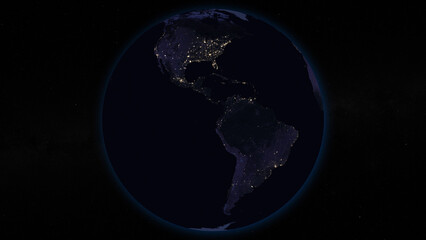 Planet Earth focused on South and North America by night. Illuminated cities on dark side of the Earth. Elements of this image furnished by NASA