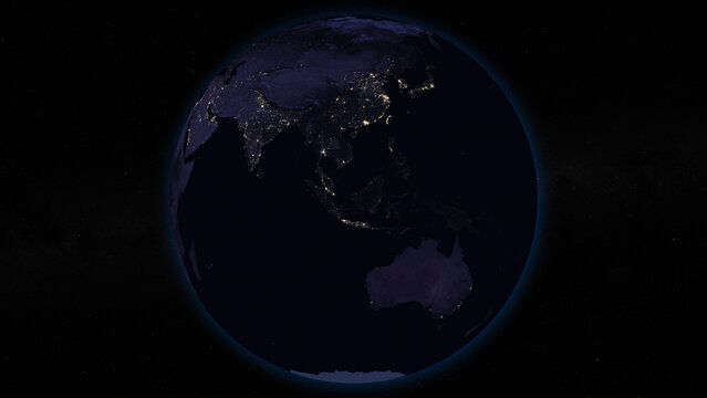 Planet Earth focused on Australia and Southeast Asia by night. Illuminated cities on dark side of the Earth. Elements of this image furnished by NASA