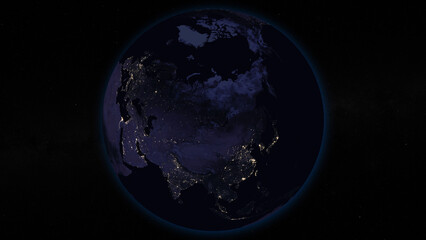 Naklejka na ściany i meble Planet Earth focused on Asia by night. Illuminated cities on dark side of the Earth. Elements of this image furnished by NASA