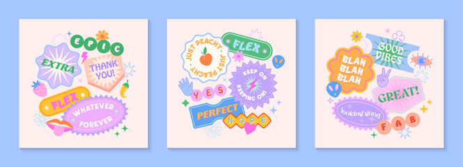 Vector set of cute templates with patches and stickers in 90s style.Modern symbols in y2k aesthetic with text.Trendy funky designs for banners,social media marketing,branding,packaging,covers