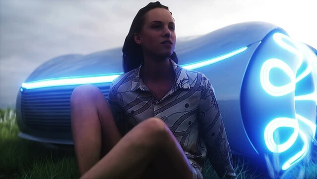 3d girl and futuristic electric car on walley. Future concept. Realistic 4k animation.