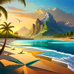 Transport yourself to a nostalgic Pixelated Paradise with a vibrant beachscape of pixel blocks, sunbathers on pixelated towels, and palm trees in pixel art glory.