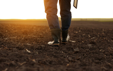 Agriculture. Cropped shot of back view businessman farmer in rubber boots walks along plowed field...