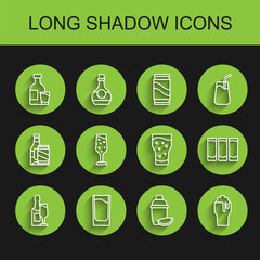 Set line Champagne bottle and glass, Shot, Bottle of vodka with, Cocktail shaker lime, Glass beer, champagne, and icon. Vector