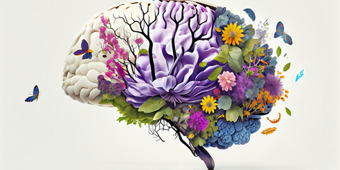 Image of the human brain framed by flowers. Generative AI