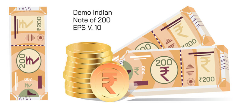 Indian currency vector, demo notes illustration, different types of currency notes, official currency, subdivided into 500, 200, 100, bank notes, reflects the nation's rich and diverse culture.