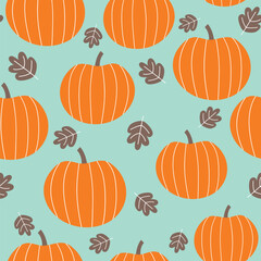Pumpkin seamless pattern. Autumn pattern with pumpkin and fall leaves. Thanksgiving background. Vector illustration. 