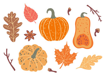 Autumn pumpkin, spice and forest leaves. Fall season. Set of vector illustrations.