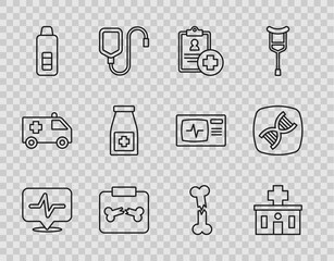 Set line Heart rate, Hospital building, Patient record, X-ray shots with broken bone, Digital thermometer, Medicine bottle and pills, Human and DNA symbol icon. Vector
