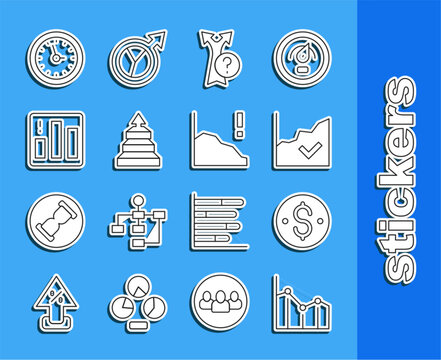 Set line Pie chart infographic, Dollar symbol, Financial growth increase, Arrow, Pyramid infographics, Clock and decrease icon. Vector
