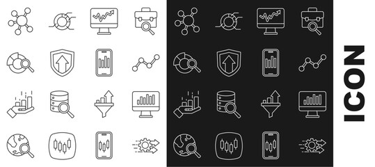 Set line Time management, Monitor with graph chart, Graph infographic, Financial growth, Search data analysis, Project team base and Mobile icon. Vector