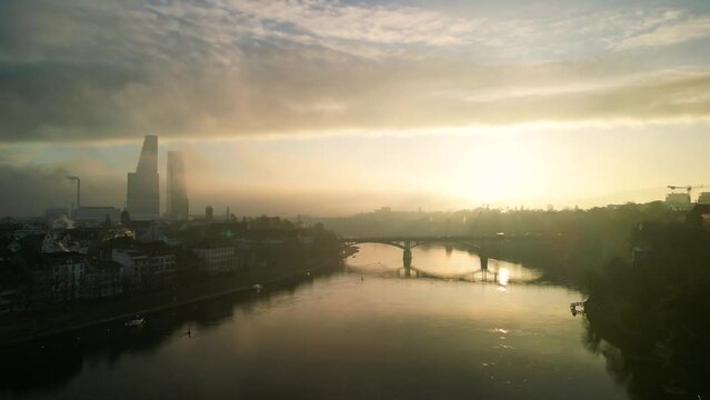 Aerial View of Rhein and Skyscrapers, Clouds and Morning Sun in Basel, Switzerland