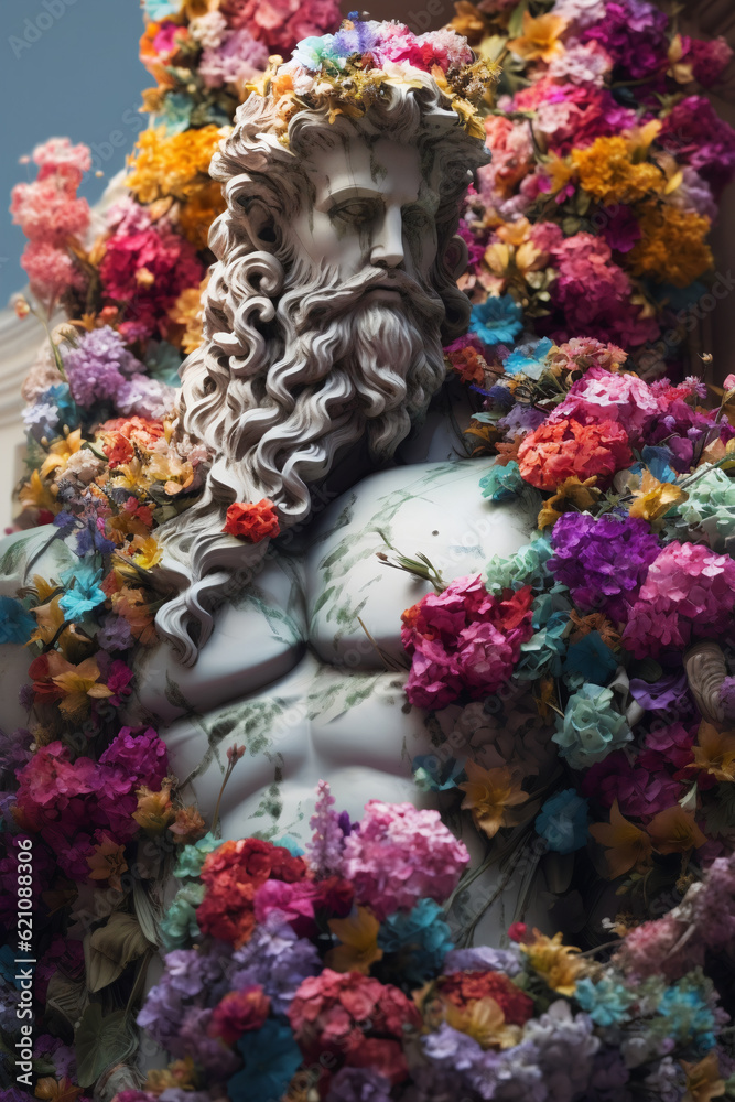 Wall mural Marble statue covered with colorful spring flowers. Abstract creative idea of ancient strong, graceful confident monument of man. Generative AI, illustration.