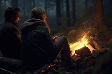 two people relaxing by a campfire in the forest Generative AI