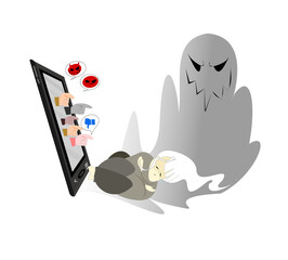 Cyber ​​bullying in social network and online abuse concept.Girl crying in front of the phone.Young are disliked, make negative comments, ridicule, satire, heartbreaking, stressful.