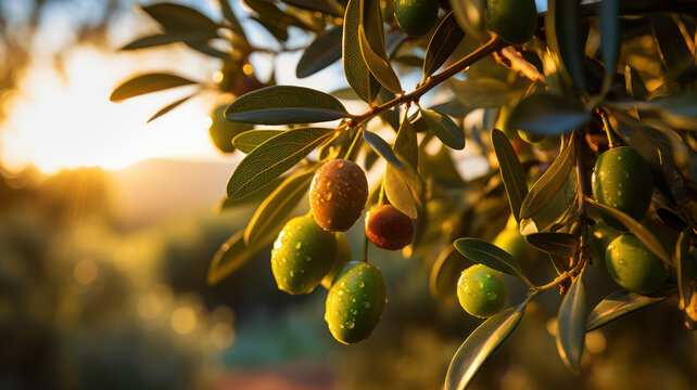 Fresh Olives Hanging on Tree Branches, AI generated