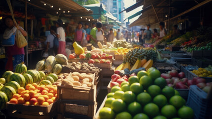 Fototapeta na wymiar Asian Market Bounty: A vibrant showcase of colorful fruits and vegetables