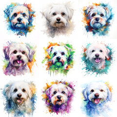 Set of dogs breed Maltese painted in watercolor on a white background in a realistic manner. Ideal for teaching materials, books and designs, postcards, posters.