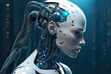 Portrait of cyborg woman, Side view