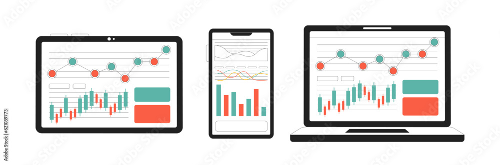 Poster devices with diagrams and charts monochrome flat vector object. business statistics. editable black 