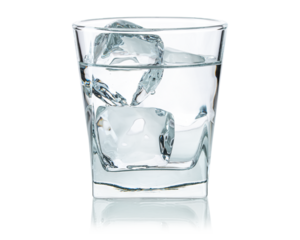 Glass of water with ice cubes. Cold water good for dehydration in the summer. Frozen water in shape of cube. Natural or real ice cubes for alcohol drink, cocktails, vodka. Isolated white background.