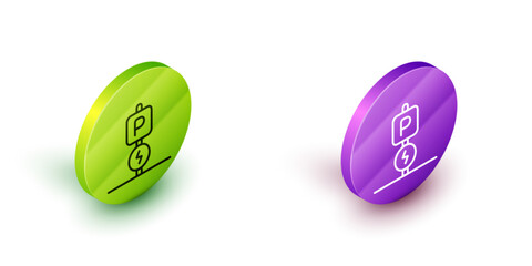 Isometric line Charging parking electric car icon isolated on white background. Green and purple circle buttons. Vector