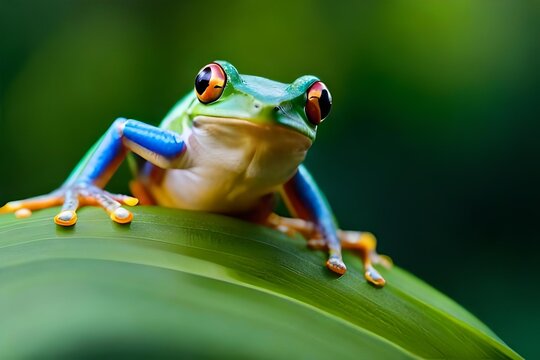 Transport yourself to the astuteness of the Amazon rain forest and encounter a vibrant tree frog. Creative resource, AI Generated