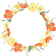 Wreath of summer flowers hand-drawn in watercolor. Floral elements on a white background for creating postcards, patterns and packaging.