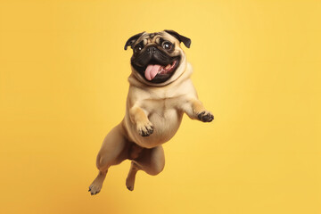 Happy Pug dog jumping on yellow background. Banner concept for pet shop, e commerce pet, veterinary clinics. Generative AI.