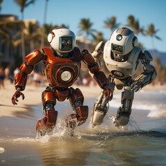 two robots play with each other at the sea have fun