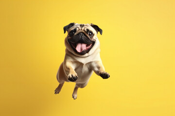 Happy Pug dog jumping on yellow background. Banner concept for pet shop, e commerce pet, veterinary clinics. Generative AI. - obrazy, fototapety, plakaty