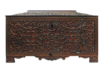 Old beautiful copper chest isolated on white background, clipping path included. Treasure chest, oxidized copper.