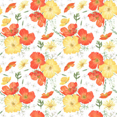 Seamless pattern of summer flowers hand drawn in watercolor.
