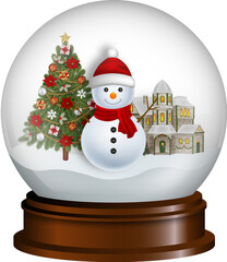 christmas snow globe with snowman and christmas tree on winter landscape